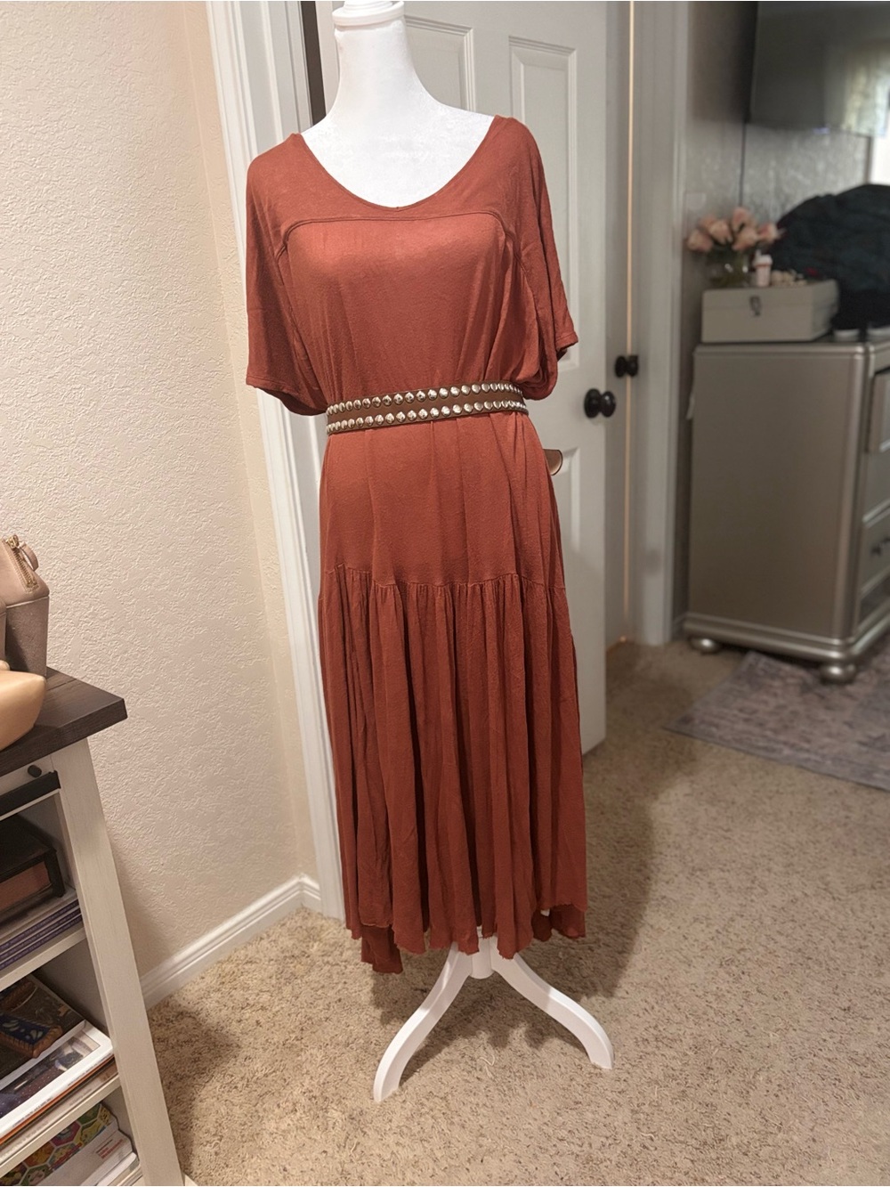 Free People Rust Tiered Midi Dress with Studded Belt